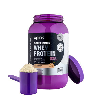 Embalagem roxa de whey protein wpink com colher e pó