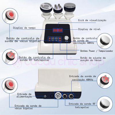 Aparelho de estética branco com várias sondas e painel de controlo preto com etiquetas em português.