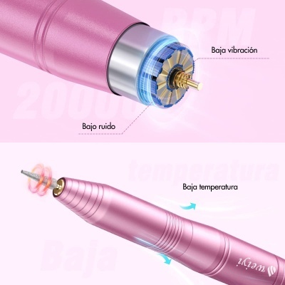Dispositivo metálico rosa com detalhes internos e texto em espanhol