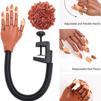 Mão simulada para treino de manicure com base ajustável e unhas substituíveis
