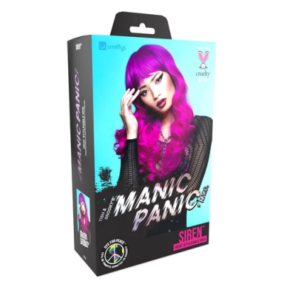 Embalagem de tinta para cabelo Manic Panic cor rosa vibrante com texto e modelo no frente