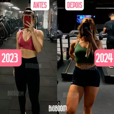 Mulher em ginásio com top rosa e preto em 2023 e top verde e preto em 2024, mostrando comparação antes e depois.