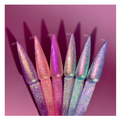Amostras de verniz para unhas brilhantes e cintilantes numeradas 200 a 205