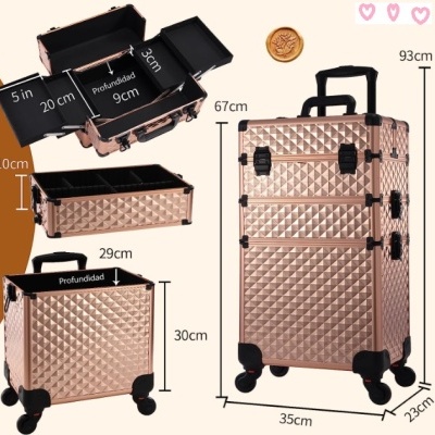 Conjunto de mala de viagem e caixas organizadoras douradas com padrão geométrico
