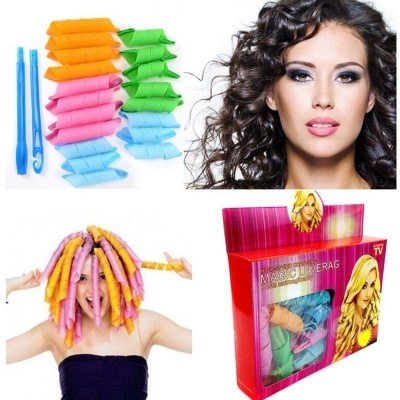 Rolos de espuma coloridos para cabelo com embalagem e fotos de modelos