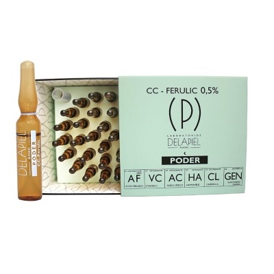 Embalagem verde clara com ampolas castanhas de produto cosmético DelaPiel CC - Ferulic 0,5%