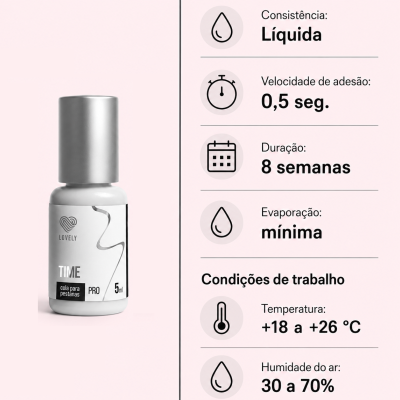 Frasco de cola para pestanas Lovely TIME PRO e especificações de uso num fundo rosa