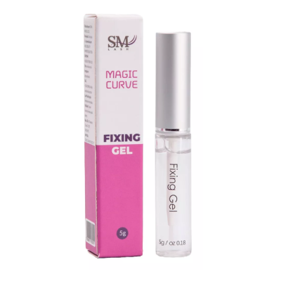 Gel fixador de pestanas Magic Curve da SM Lash, embalagem branca e rosa, frasco transparente com tampa prateada