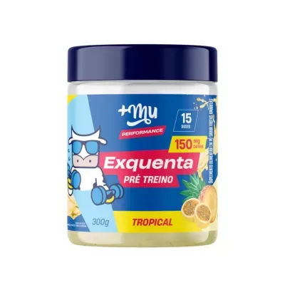 Frasco de suplemento pré-treino Exquenta Tropical 300g com tampa azul