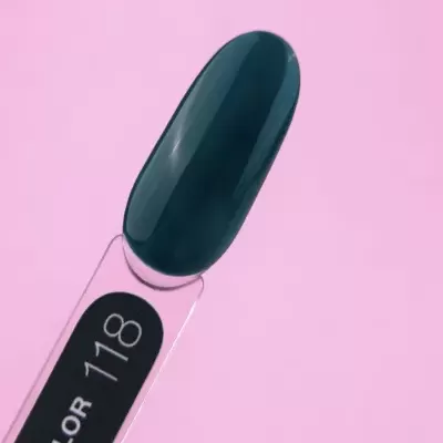 Paleta de cor para unhas preta com etiqueta COLOR 118 em fundo rosa