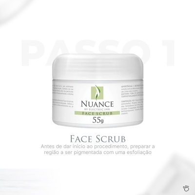 Frasco branco com máscara facial Nuance Face Scrub 55g com rótulo verde e branco.