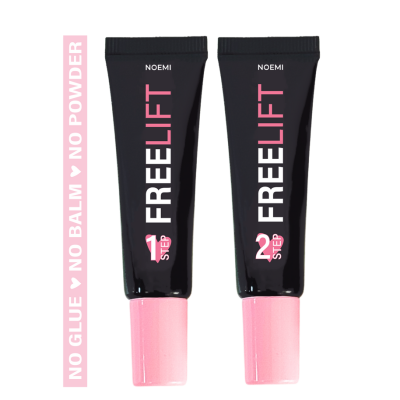 Dois tubos de cosmético preto e rosa FREELIFT com texto e rótulo rosa ao lado