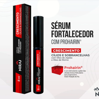Sérum fortalecedor para cílios e sobrancelhas em embalagem preta e vermelha