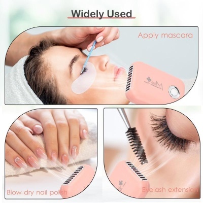Dispositivo rosa para cuidados de beleza com três usos mostrados: máscara, secar verniz e extensão de cílios.
