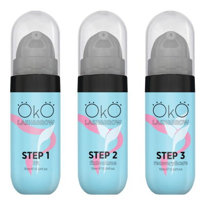 Três frascos de produto cosmético azul claro rotulados STEP 1, STEP 2 e STEP 3 da marca ÖKO Lash&Brow