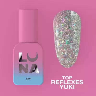 Esmalte de unhas rosa e azul com amostra brilhante e texto TOP REFLEXES YUKI