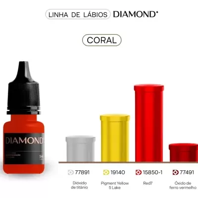 Frasco de pigmento vermelho coral DIAMOND 5 ml para micropigmentação com pigmentos listados ao lado