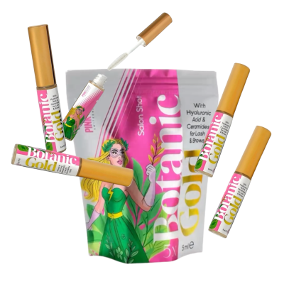 Embalagem e tubos do produto Botanic Gold para pestanas e sobrancelhas