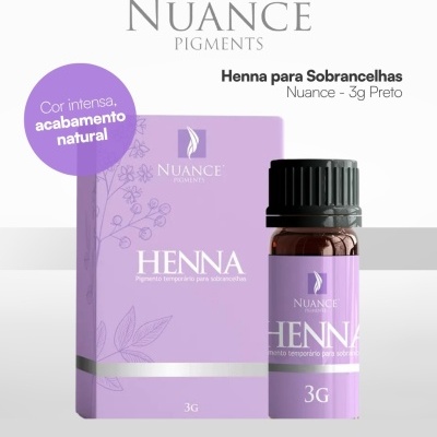 Frasco e caixa de henna preta para sobrancelhas da Nuance Pigments em embalagem lilás