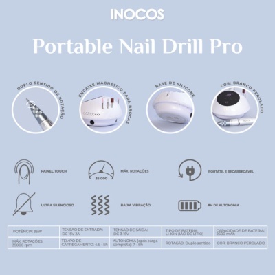 Broca para unhas portátil INOCOS Portable Nail Drill Pro branco perolado com base de silicone e painéis de controle touch