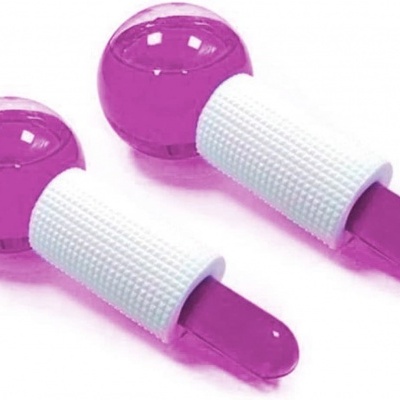 Dois conta-gotas plásticos roxos com punhos brancos texturizados
