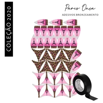 Adesivos para bronzeamento com padrões rosa e onça e Torre Eiffel, e fita preta