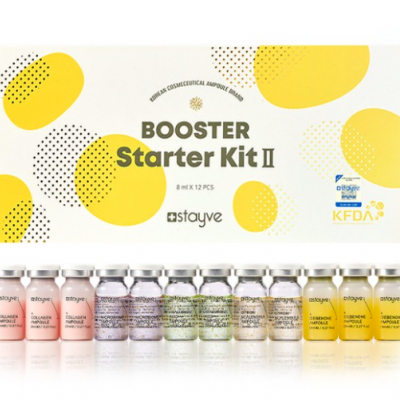 Kit cosmético BOOSTER Starter Kit II com 12 ampolas coloridas e caixa branca com padrões amarelos