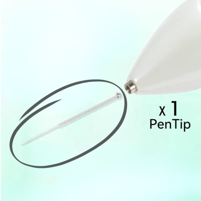 Ponta de caneta branca com agulha fina de metal e texto 'x 1 PenTip'