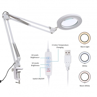 Candeeiro branco articulado com lente de aumento e controlo por USB