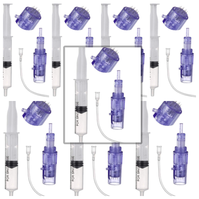 Seringas e dispositivos médicos em plástico transparente e roxo com texto preto