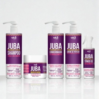 Conjunto de produtos capilares Widi Care Juba com embalagens roxas e brancas