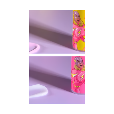 Detalhe inferior de latas coloridas com desenho de super-heroína sobre fundo lilás com sombra e líquido branco