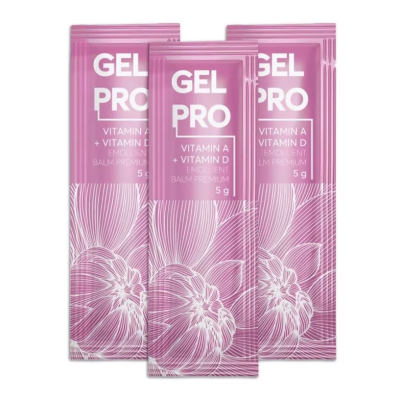 Embalagens rosas do produto GEL PRO com vitaminas A e D e padrão floral branco
