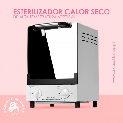 Esterilizador de calor seco vertical cinza e preto com painel branco e botões