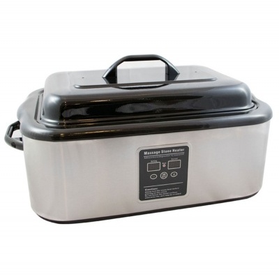 Calentador de pedras para massagem em aço inoxidável com tampa preta e pega