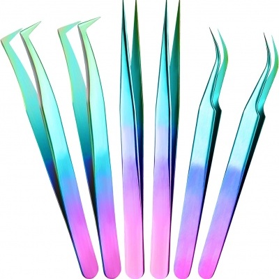 Seis pinças metálicas iridescentes com pontas diferentes