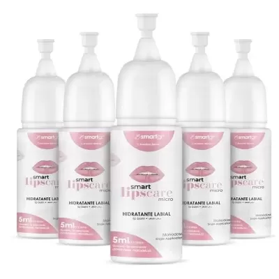 Cinco frascos de hidratante labial Smart Lips Care Micro com rótulo branco e rosa.