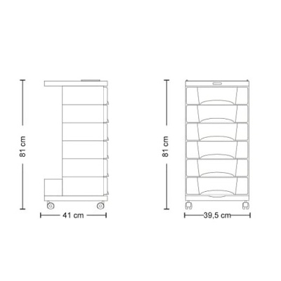 Desenho técnico de móvel com gavetas e rodízios com medidas