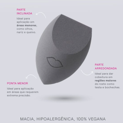 Esponja de maquilhagem cinzenta com texto explicativo em português