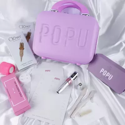 Conjunto de equipamento de micropigmentação lilás e rosa com mala rígida POPU