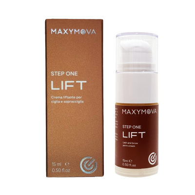 Frasco e caixa castanho e branco do creme MAXYMOVA STEP ONE LIFT para pestanas e sobrancelhas
