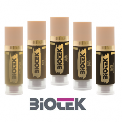 Cinco frascos pretos de produtos BioTek com tampas bege e detalhes dourados, cada um com nomes diferentes e logótipo BioTek abaixo.