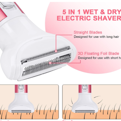 Aparelho de barbear elétrico 5 em 1 branco e rosa com lâminas distintas e texto explicativo.