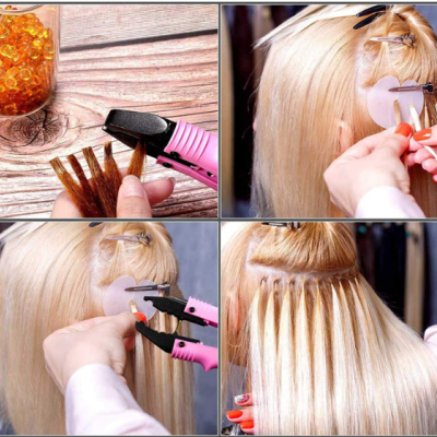 Processo de aplicação de alongamento de cabelo com queratina, usando ferro aplicador rosa e mechas de cabelo castanho no cabelo loiro.