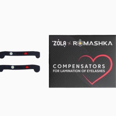 Compensadores para laminação de pestanas Zola x Romashka com embalagem preta e duas peças pretas decoradas