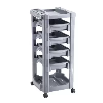 Carrinho organizador de plástico cinzento com gavetas e rodízios