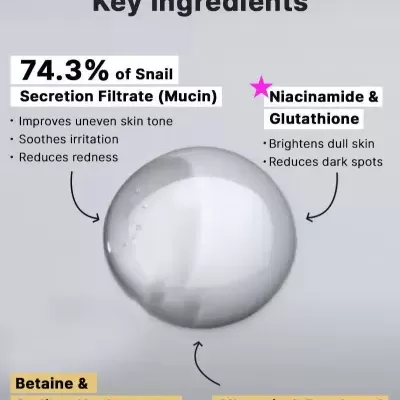 Ingredientes principais de produto com filtrado de caracol, niacinamida, glutationa, betaína, sódio hialuronato, alantoína e pantenol