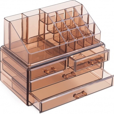 Organizador de maquilhagem em acrílico castanho com compartimentos e gavetas