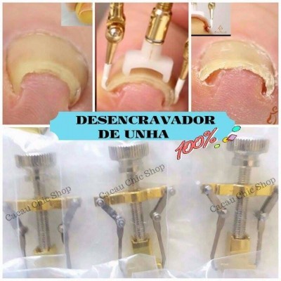 Dispositivo metálico para desencravar unhas com texto DESENCRAVADOR DE UNHA 100%