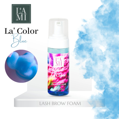 Espuma de limpeza La' Color Blue para pestanas e sobrancelhas em embalagem plástica com rótulo floral